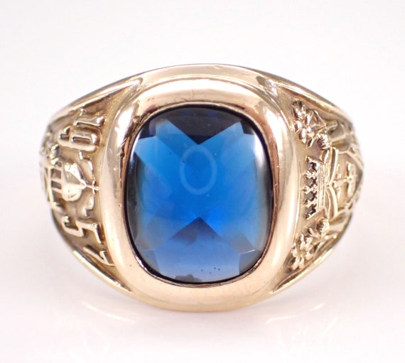 Mens Vintage Yellow Gold School Ring - 50s Antique Blue Gemstone Pinky Band - Estate Fine Jewelry Gift for Him
