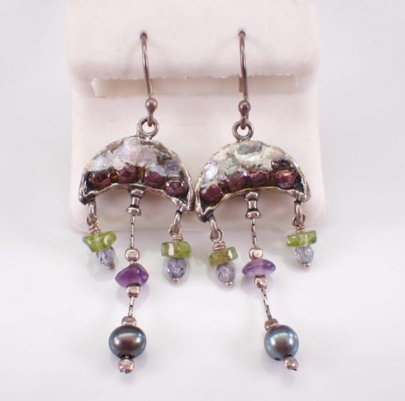 Vintage Sterling Silver Dangle Earrings - Peridot and Amethyst Dangle Bead - Black Pearl Gemstone Jewelry