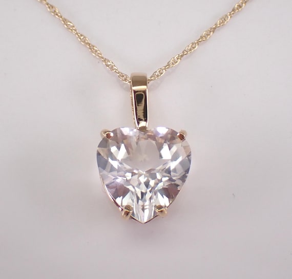 Vintage 14K Yellow Gold Heart Charm Pendant and Chain: White Topaz Gemstone Choker Solitaire Necklace