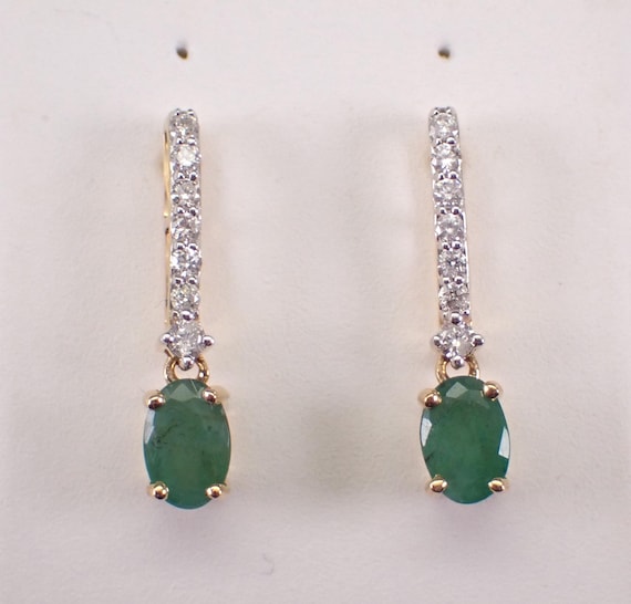 Emerald and Diamond Dangle Earrings, Yellow Gold Dainty Gemstone Drops