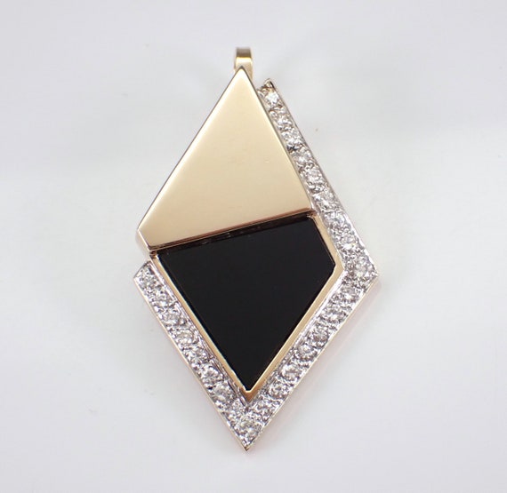 Vintage 14K Yellow Gold Onyx and Diamond Enhancer Pendant, Large Unique Estate Charm Slide for Omega Necklace