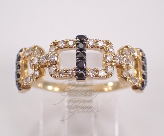 14K Yellow Gold Black and White Diamond Ring: Chainlink Stackable Wedding Anniversary Band