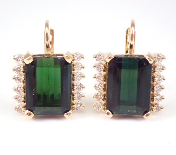 Green Tourmaline and Diamond Earrings - Vintage 14K Yellow Gold Fine Jewelry - Handmade European Clasps