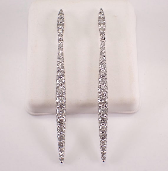 14K White Gold Diamond Tennis Earrings - Long Bar Dangle Chandelier Setting - Unique Bridal Jewelry Gift