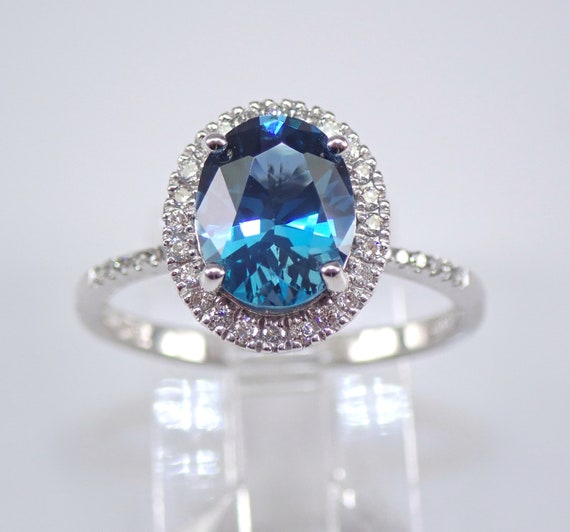 London Blue Topaz and Diamond Ring - Oval Halo Engagement Ring - 14K White Gold Bridal Jewelry - December Birthstone Gemstone