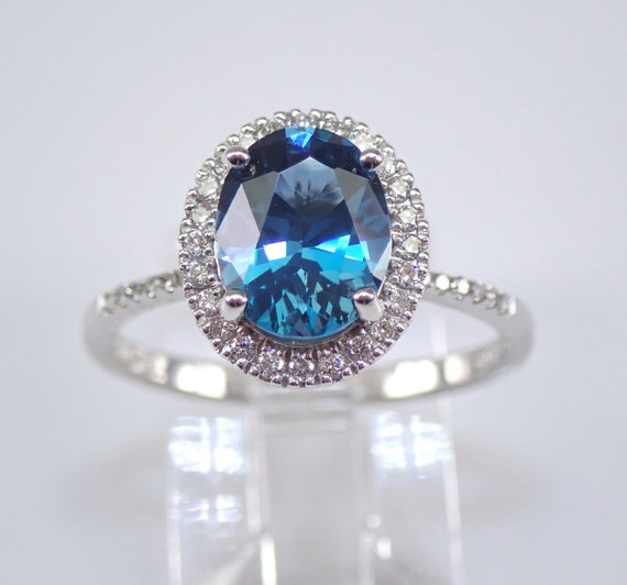 14K White Gold London Blue Topaz Ring - Diamond Halo Engagement Setting - December Birthstone Gemstone Jewelry Gift