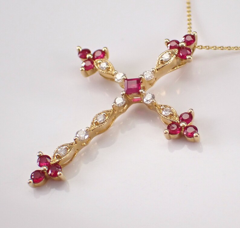 Cross Inside Ruby Ruby and Diamond Cross Necklace - 14K Yellow Gold Religious Charm ...