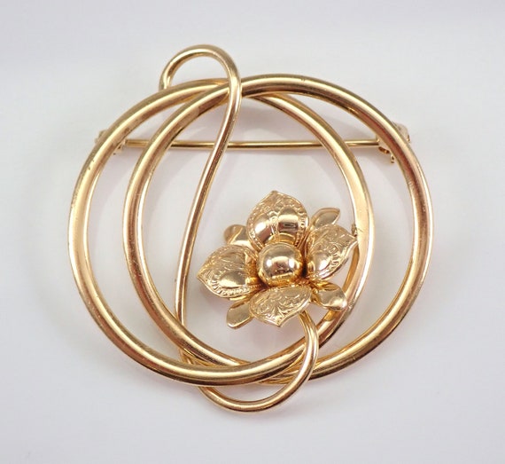 Antique Flower Brooch, Interlocking Circles Floral Lapel Pin, Solid Yellow Gold Vintage Designer Brooch, Unisex Estate Jewelry