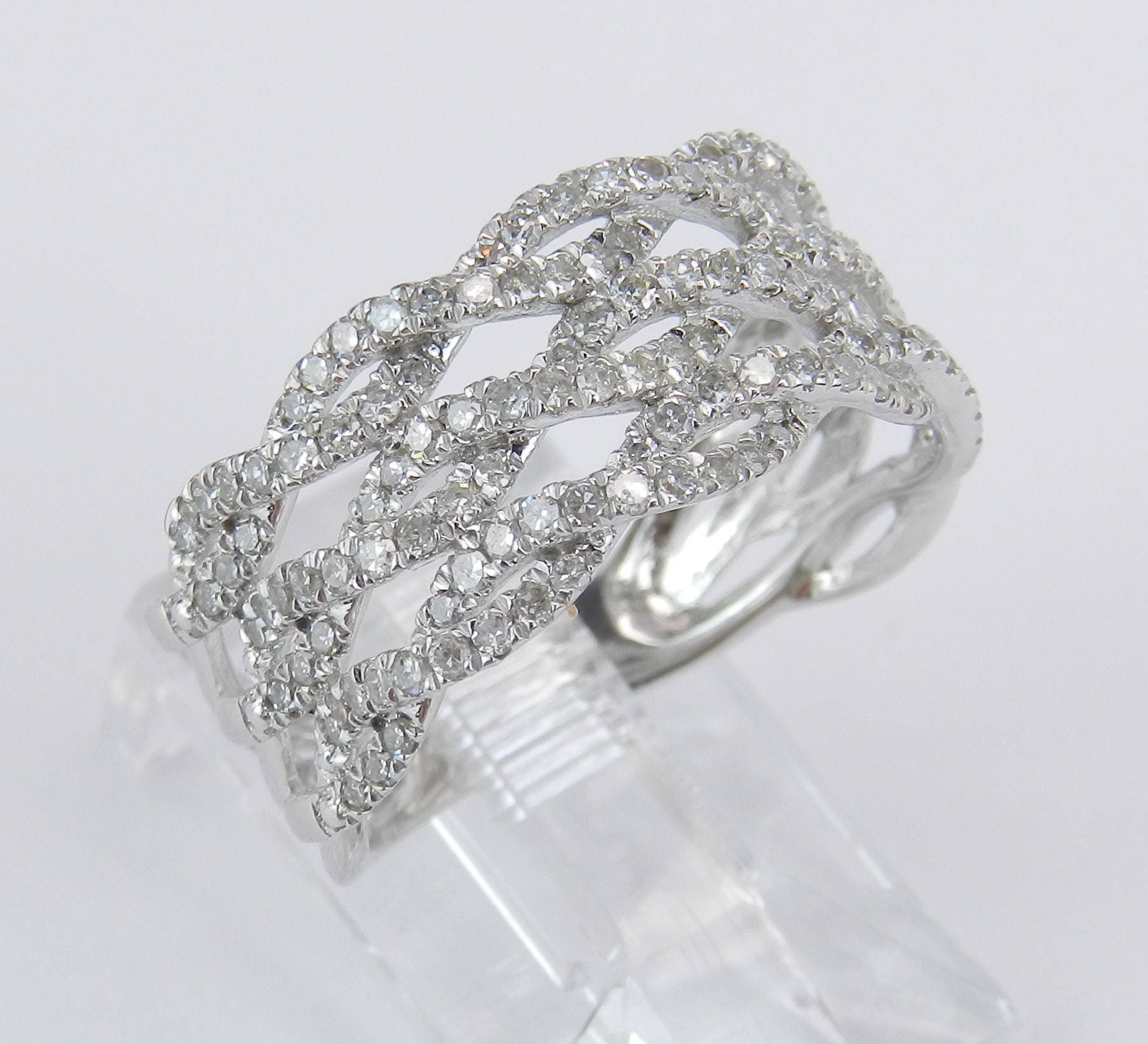 14K White Gold Diamond Crossover Wedding Ring Multi Row Anniversary ...