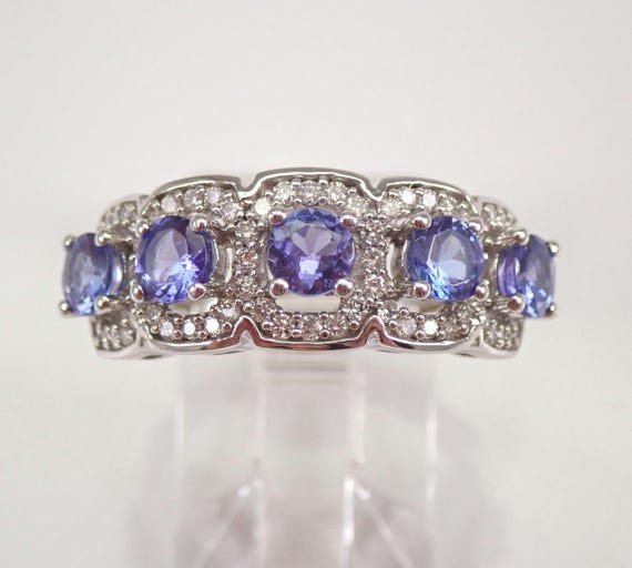Tanzanite and Diamond Halo Ring - White Gold Wedding Anniversary Band - Gemstone Stackable Fine Jewelry Gift