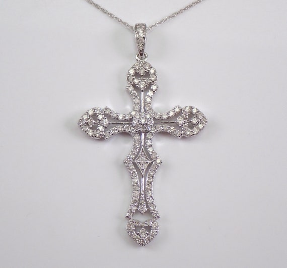 White Gold Diamond Cross Pendant - Large Religious Crucifix Necklace - Unique Statement Fine Jewelry Charm