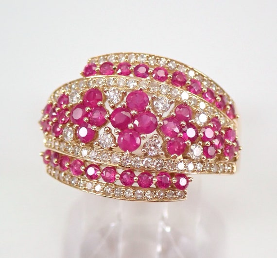 Genuine Ruby and Diamond Ring, Wide Anniversary Band in 14K Yellow Gold