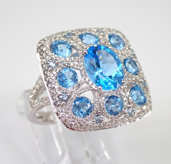 Blue Topaz and Diamond Cocktail Ring - 18K White Gold Gemstone Fine Jewelry - Genuine Gem Stone Cluster