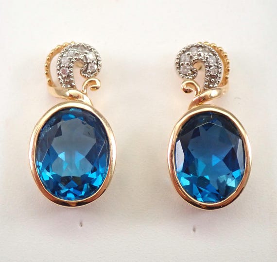 14K Yellow Gold Blue Topaz and Diamond Earrings - Oval Bezel Set Dangle Drop Setting - Unique Gemstone Fine Jewelry Gift