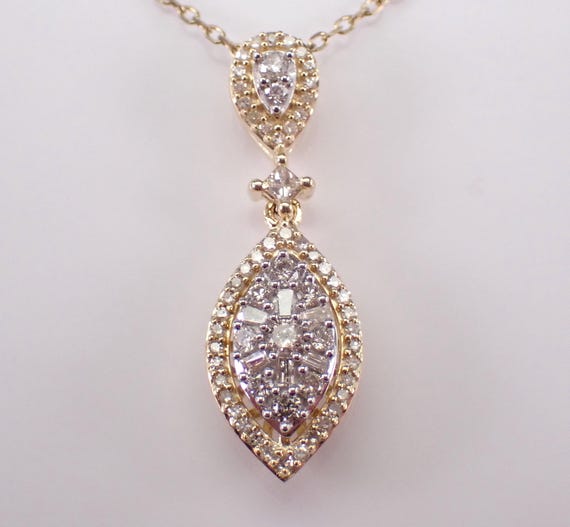Yellow Gold Diamond Cluster Pendant - Two Tone Gold Teardrop Necklace - Bridal Jewelry Choker Chain