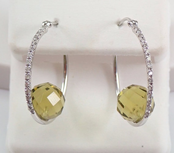 Green Quartz Bead Hoop Earrings, 14K White Gold Diamond Hoops, Unique Gemstone Jewelry Gift