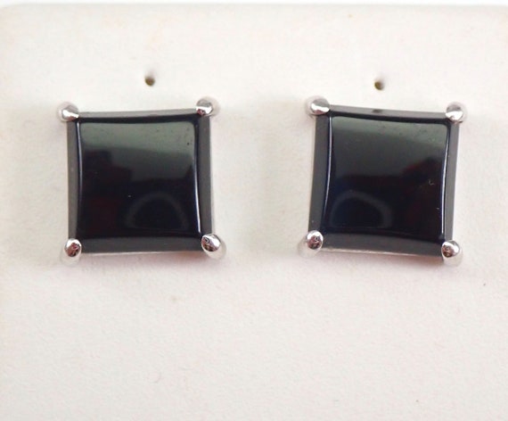 Vintage Black Onyx Stud Earrings - 14K White Gold Square Shape Setting - Unisex Gemstone Studs