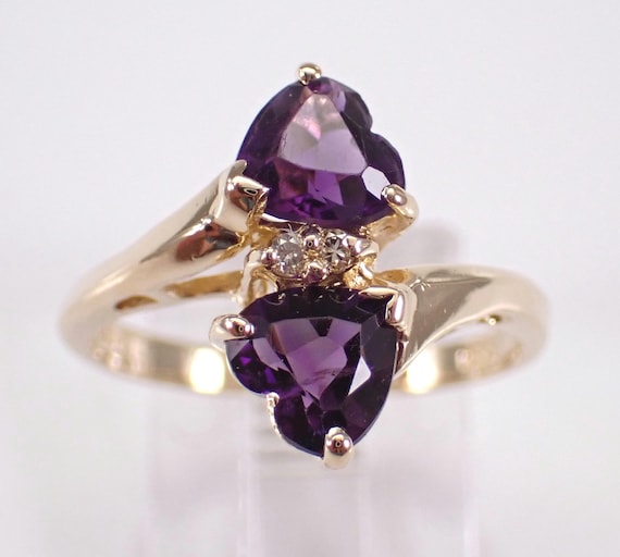 14K Yellow Gold Amethyst Heart Ring - Vintage Estate Diamond Setting - Gemstone Crossover Fine Jewelry Gift