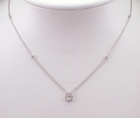14K White Gold Diamond Halo Necklace, Dainty Station Pendant and Chain, GalaxyGems Bridal Fine Jewelry Gift