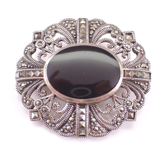 Vintage Sterling Silver Onyx and Marcasite Brooch, Estate Fine Jewelry Large Gemstone Pin