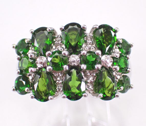 Vintage Sterling Silver Chrome Diopside Ring: Large Estate Cluster Band