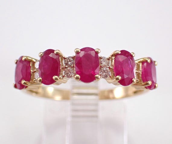 Yellow Gold Ruby Wedding Ring - Stackable Diamond Anniversary Band - Gemstone Bridal Fine Jewelry Gift