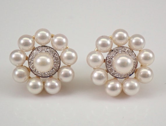Vintage 14K Yellow Gold Pearl Earrings - Dainty Diamond Halo Stud Setting - June Birthstone Jewelry for Her
