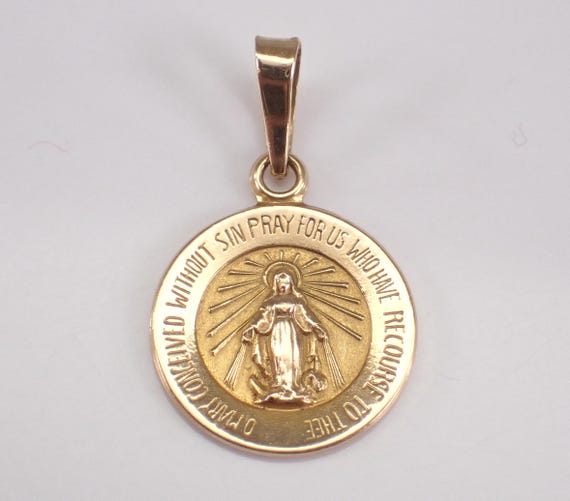 Vintage 14K Yellow Gold Miraculous Medal Charm - Mini Religious Virgin Mary Pendant for Necklace or Bracelet