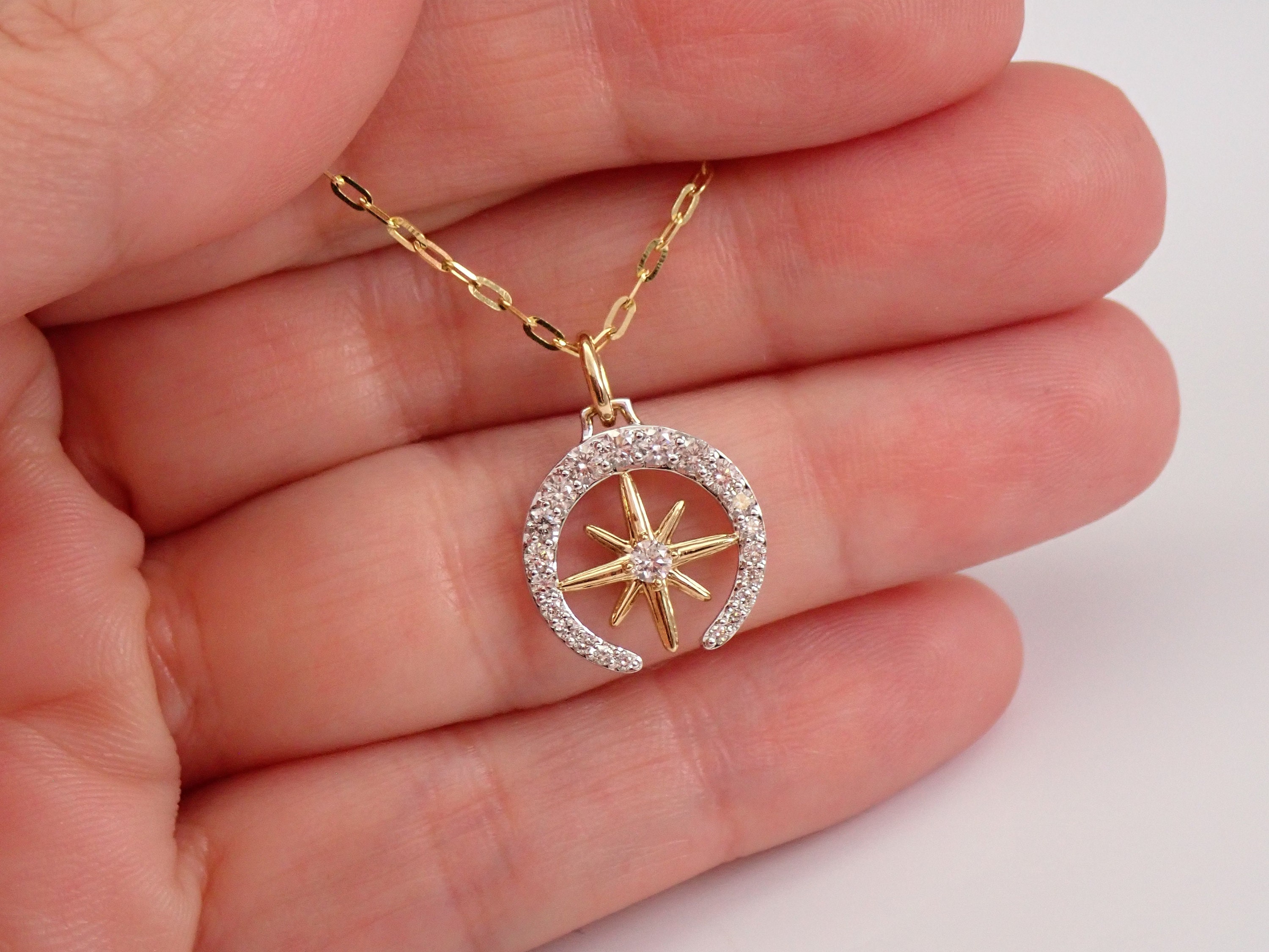 Yellow and White Gold Diamond Star Pendant Adjustable Chain Necklace ...