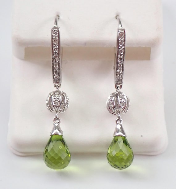 14K White Gold Briolette Peridot Earrings, Diamond Dangle Leverback Setting, August Gemstone Birthstone Jewelry