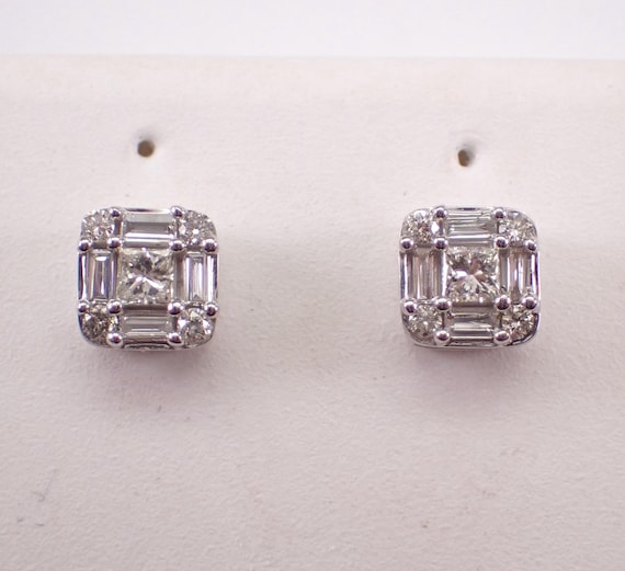 White Gold Diamond Stud Earrings: Square Halo Cluster Studs