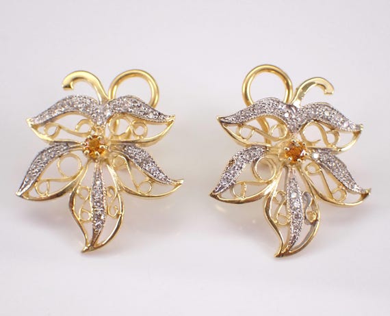 18K Yellow Gold Diamond Earrings - Unique Filigree Leaf Design - Secure Omega Clasps - GalaxyGems Handmade Jewelry
