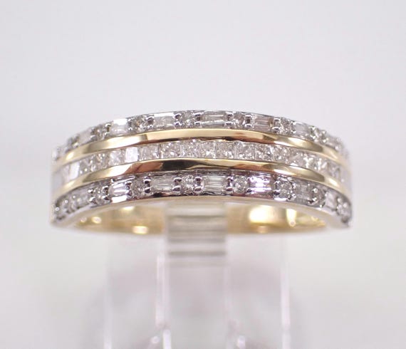 Yellow Gold Diamond Wedding Ring: Baguette and Princess Cut Anniversary Band