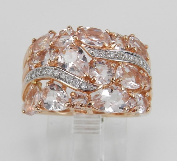Rose Gold Morganite Anniversary Band - Chunky Diamond Wedding Ring - Pink Gemstone Cluster Jewelry Gift