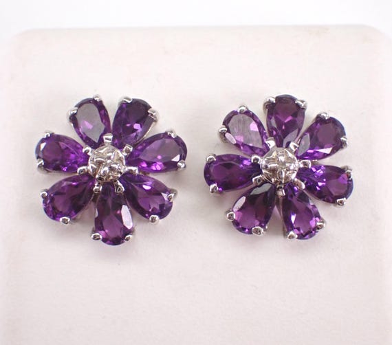 14K White Gold Amethyst Stud Earrings - Dainty Diamond Flower Cluster Setting