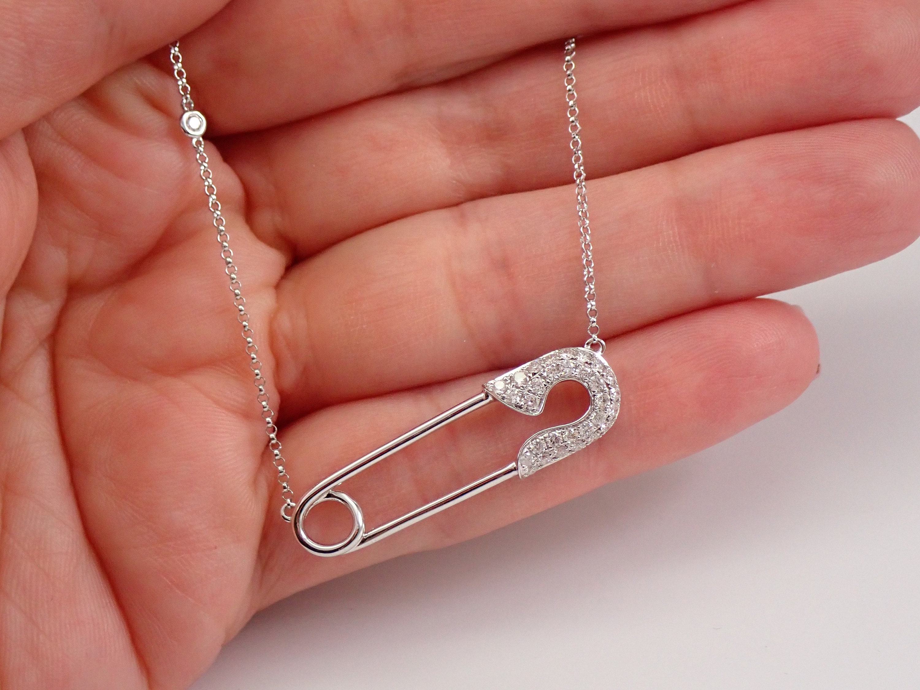 18K White Gold Diamond SAFETY PIN Necklace Diamonds by the Etsy