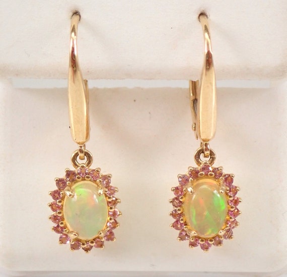 Opal and Pink Sapphire Dangle Earrings, Solid 14k Yellow Gold Fine Jewelry, October Birthstone Gemstone Gift