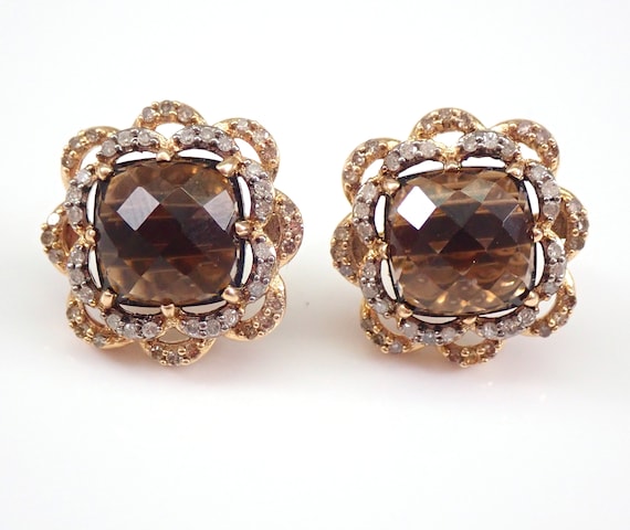 Cushion Cut Smokey Topaz Earrings, Chocolate Diamond Halo Stud Earrings, Solid 10K Yellow Gold Gemstone Jewelry