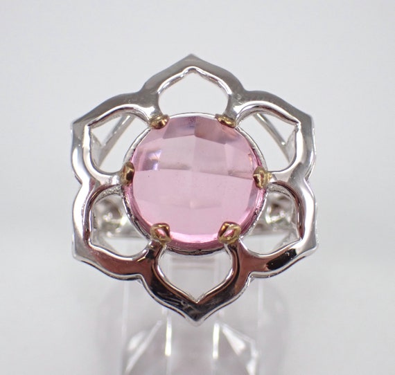 Sterling Silver Pink Quartz Ring - Large Gemstone Estate Flower Band - Unique Jewelry Gift