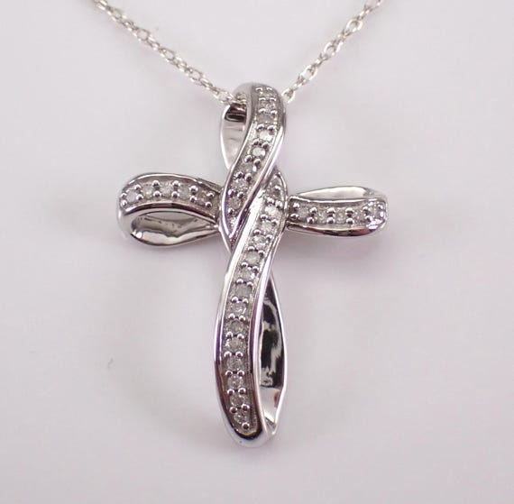 White Gold Diamond Cross Pendant, Dainty Religious Charm Necklace, Crossover Crucifix Drop on Chain