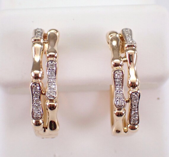 14K Yellow Gold Diamond Hoop Earrings - Unique Estate Double Row Setting - Effy Designer Huggies Fine Jewelry Gift