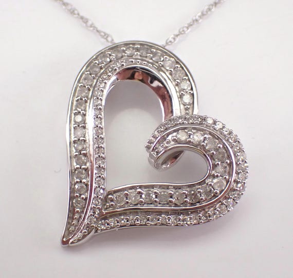 White Gold Diamond Heart Charm Necklace: Dainty Open Pendant and Chain