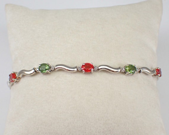 14K White Gold Sapphire and Diamond Bracelet - Green and Orange Dainty Tennis Link Setting - GalaxyGems Fine Jewelry Gift