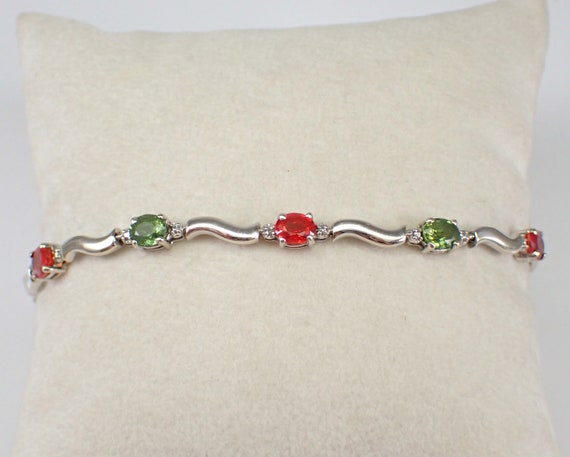 Green and Orange Sapphire Bracelet - 14k White Gold Layering Bracelet - Simple Diamond Tennis Setting