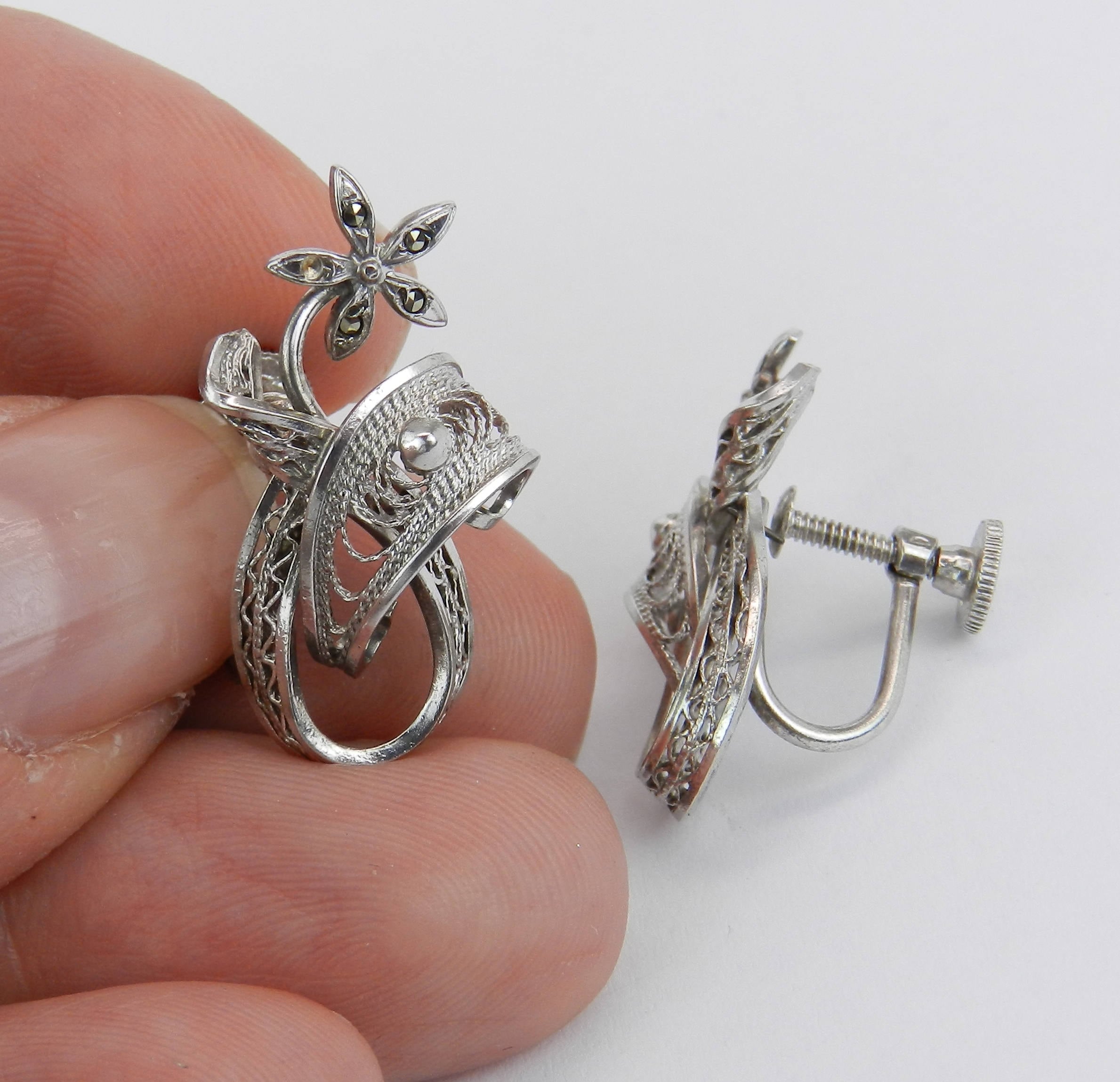 Antique Vintage Sterling Silver Filigree Flower Cluster ClipOn Earrings