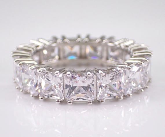 Sterling Silver Cubic Zirconia Wedding Eternity Ring, Princess Cut CZ Anniversary Band, Estate Bridal Jewelry Gift