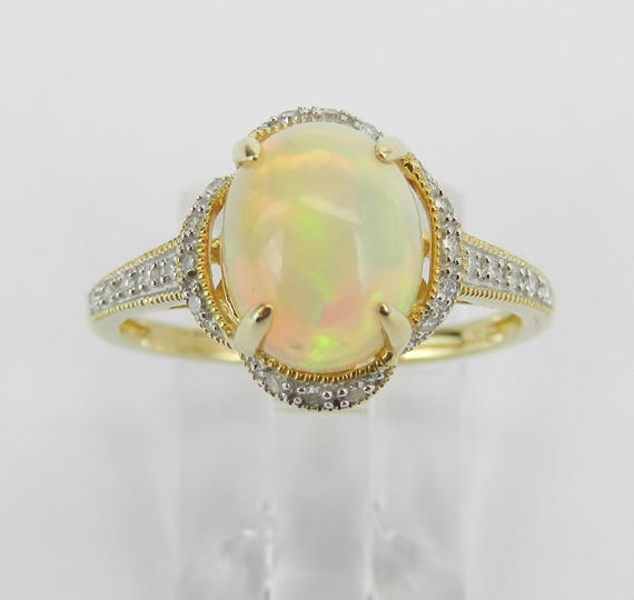 Yellow Gold Opal Engagement Ring, Dainty Diamond Halo Bridal Setting, October Birthstone Gemstone Jewelry