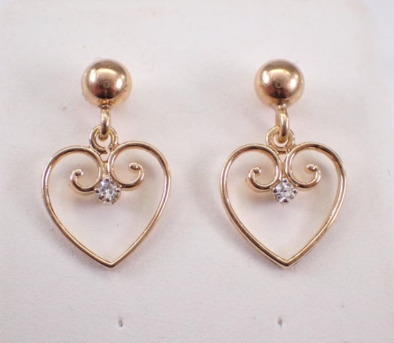 Vintage Yellow Gold Diamond Earrings - Unique Estate Heart Charm Dangle Studs - Dainty Fine Jewelry Gift