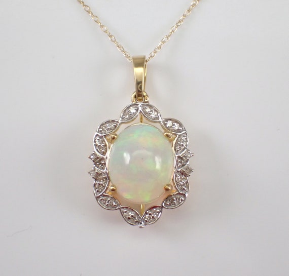 Opal and Diamond Pendant Necklace - Solid Yellow Gold Choker with 18 inch Chain - October Birthstone Jewelry Gift