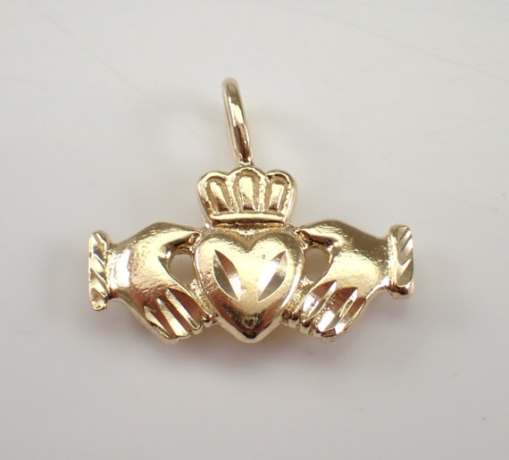 Vintage Solid 14K Yellow Gold Claddagh Charm, Estate Hands Holding Heart Pendant for Charm Bracelet or Necklace, Irish Luck Talisman